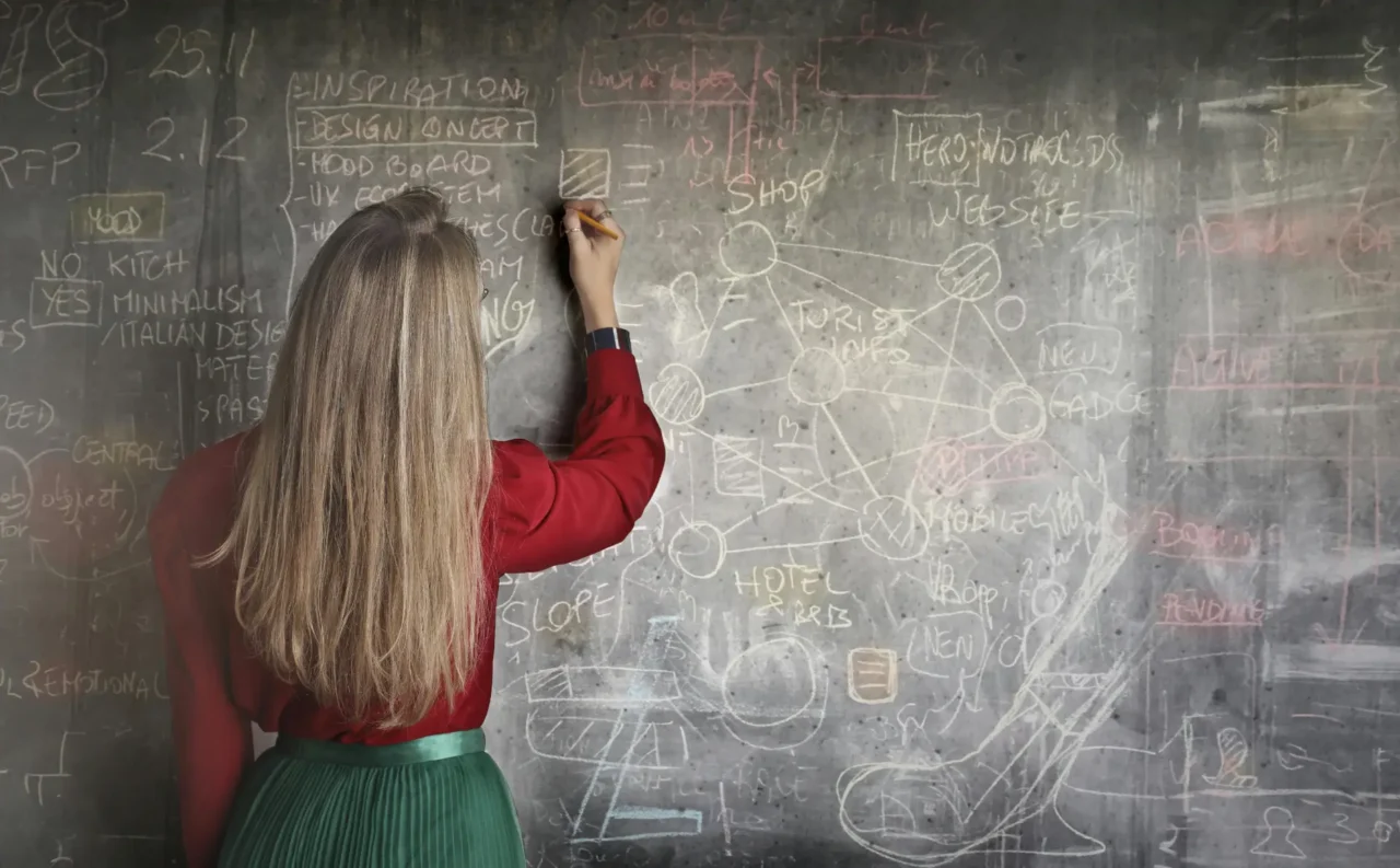 Eine Frau mit langen Haaren vor einer Tafel. Auf der Tafel die Visualisierung von Gedanken